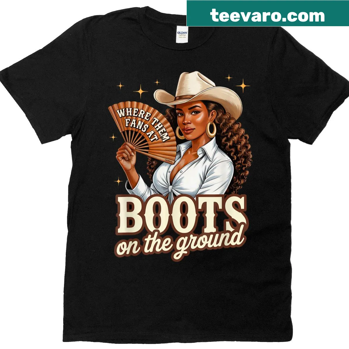 Illustration of a cowgirl and boots for Juneteenth, empowering design — on a men's t-shirt
