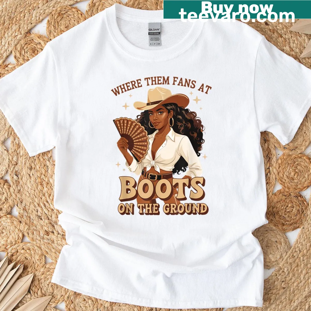 Black cowgirl t-shirt with humorous text asking where the fans are — on a men's t-shirt