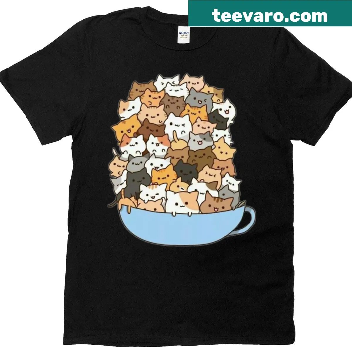Illustration of cats in a bowl, playful and cute design — on a men's t-shirt