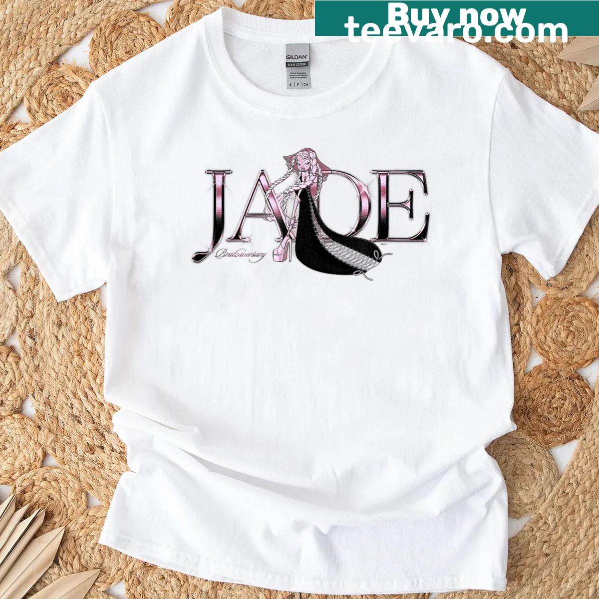 Distressed Bratz logo t-shirt featuring Jade in a fabulous dress design — on a men's t-shirt