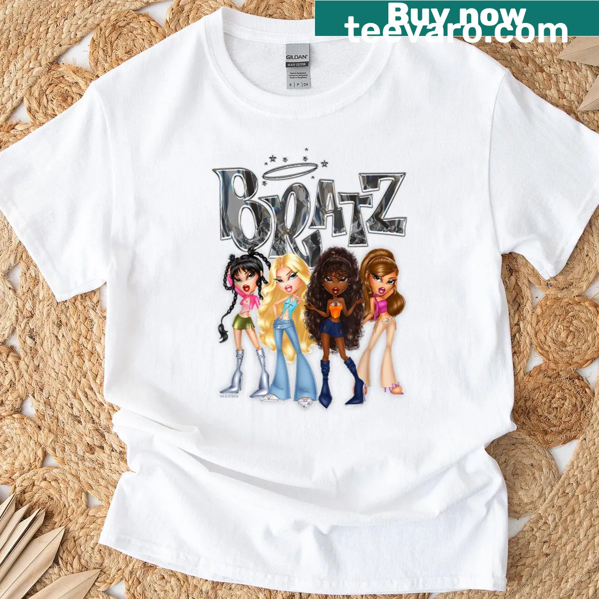 Retro Bratz logo featuring a group shot of characters — on a men's t-shirt