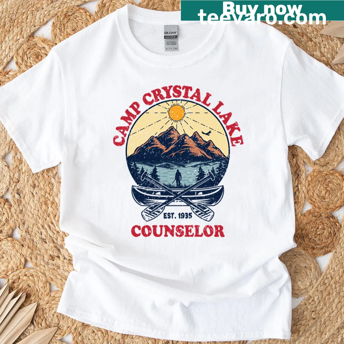 Horror-themed Camp Crystal Lake t-shirt with bold text — on a men's t-shirt