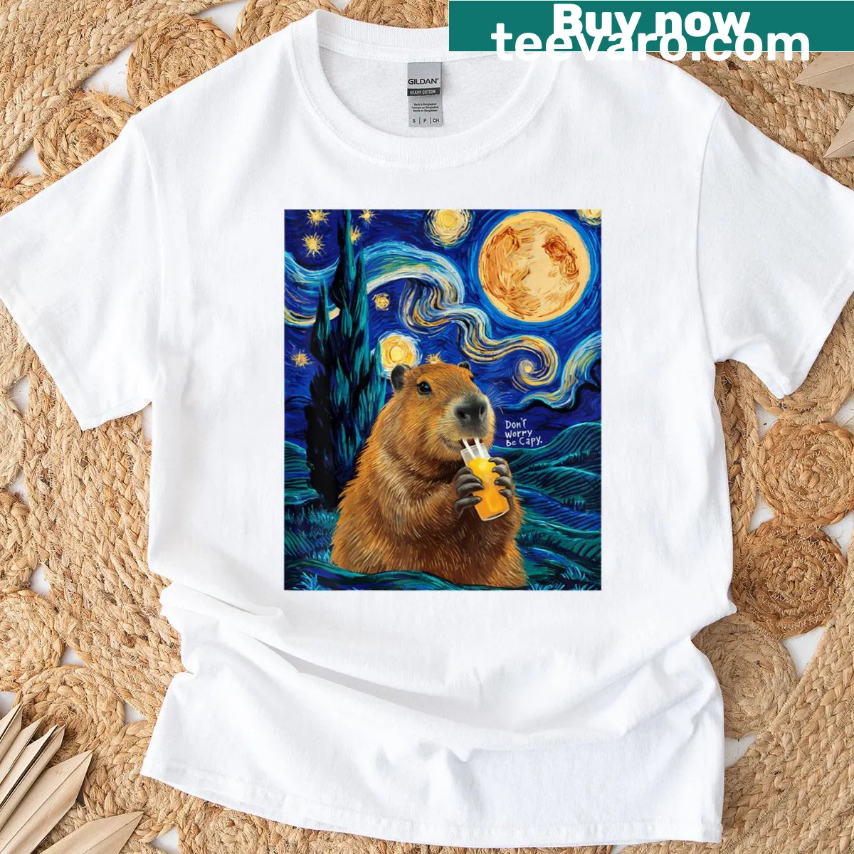 Capybara-themed t-shirt with Van Gogh artwork and playful text — on a men's t-shirt