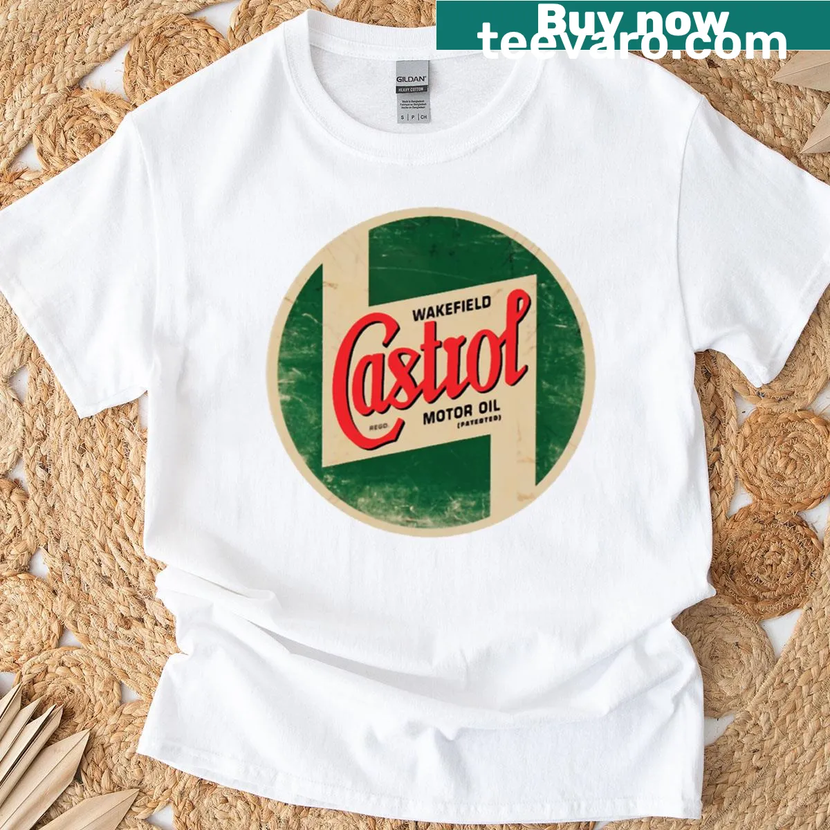 Vintage distressed Castrol Oil logo t-shirt for automotive enthusiasts — on a men's t-shirt