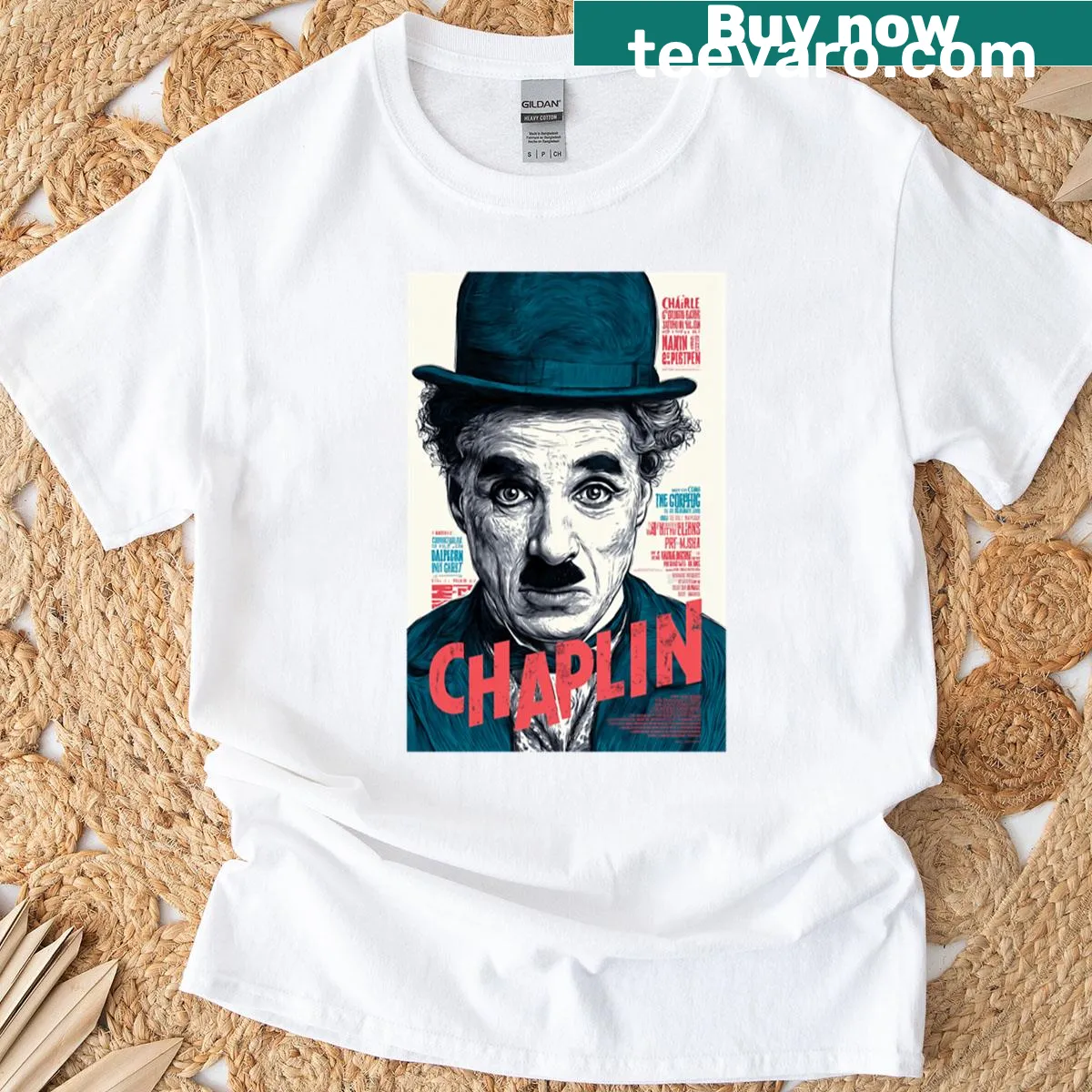 Engraved design of Charlie Chaplin on a premium t-shirt — on a men's t-shirt