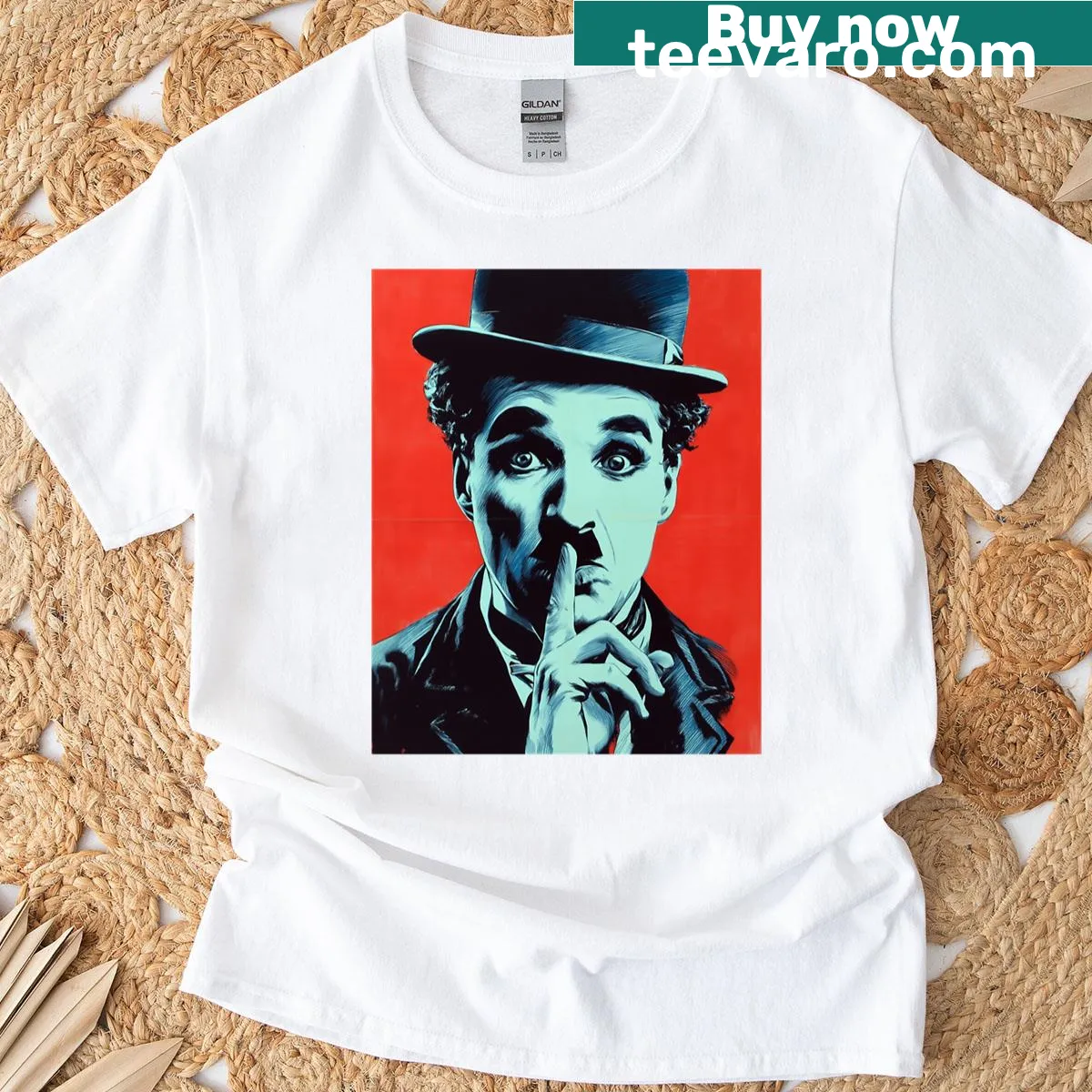 Portrait of Charlie Chaplin in a silent gesture graphic — on a men's t-shirt