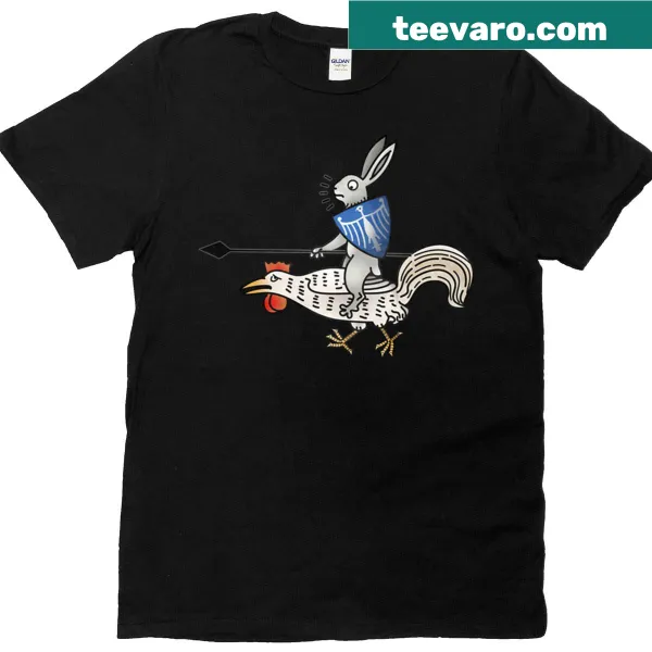 Whimsical T-shirt with chicken jockey riding a rabbit