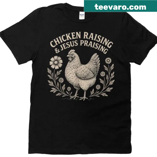 Vintage-style t-shirt with chicken graphic and faith-themed text