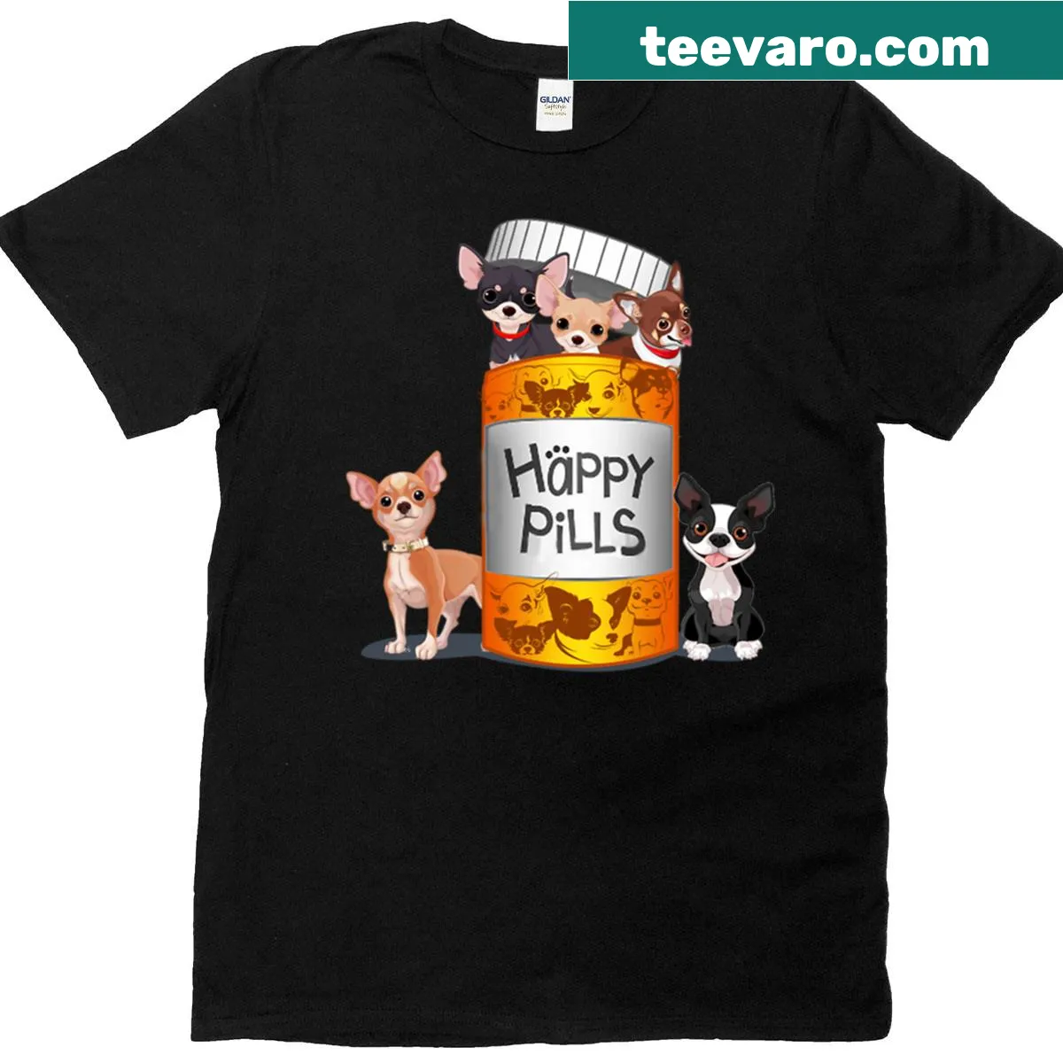 Oversized tee with Chihuahua and 'Happy Pills' graphic — on a men's t-shirt
