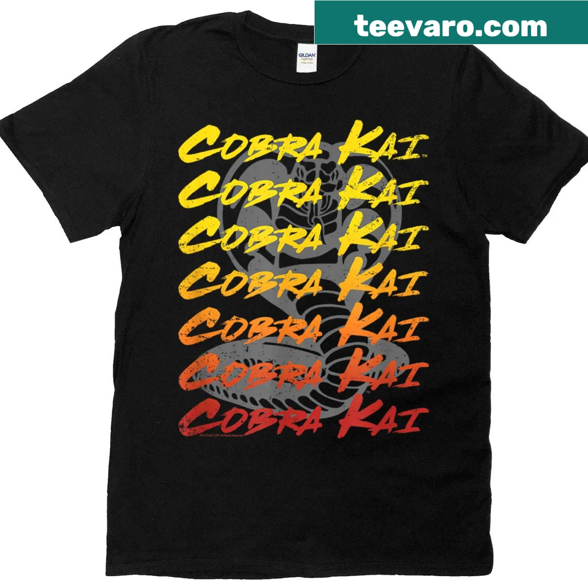 Cobra Kai logo T-shirt with repeating design and bold motif — on a men's t-shirt