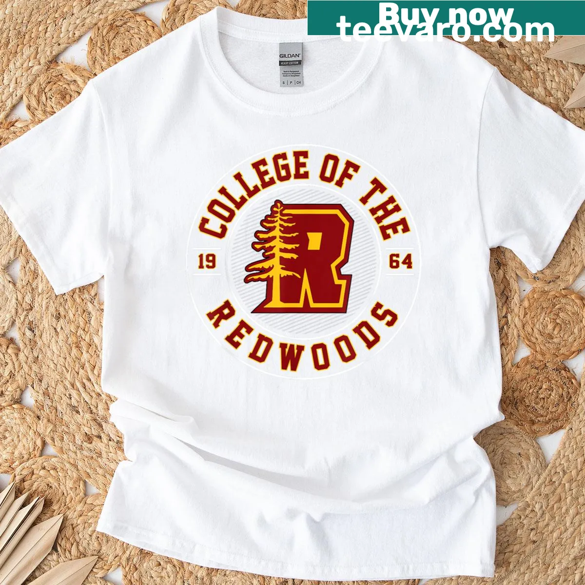 Vintage arch design representing College of the Redwoods on a T-shirt — on a men's t-shirt