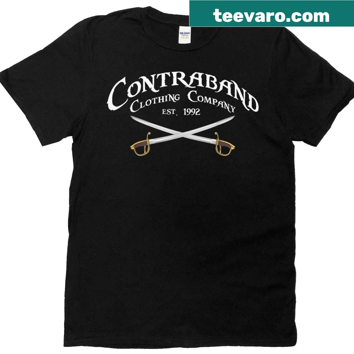 Crossed swords logo design for pirate-themed T-shirt — on a men's t-shirt