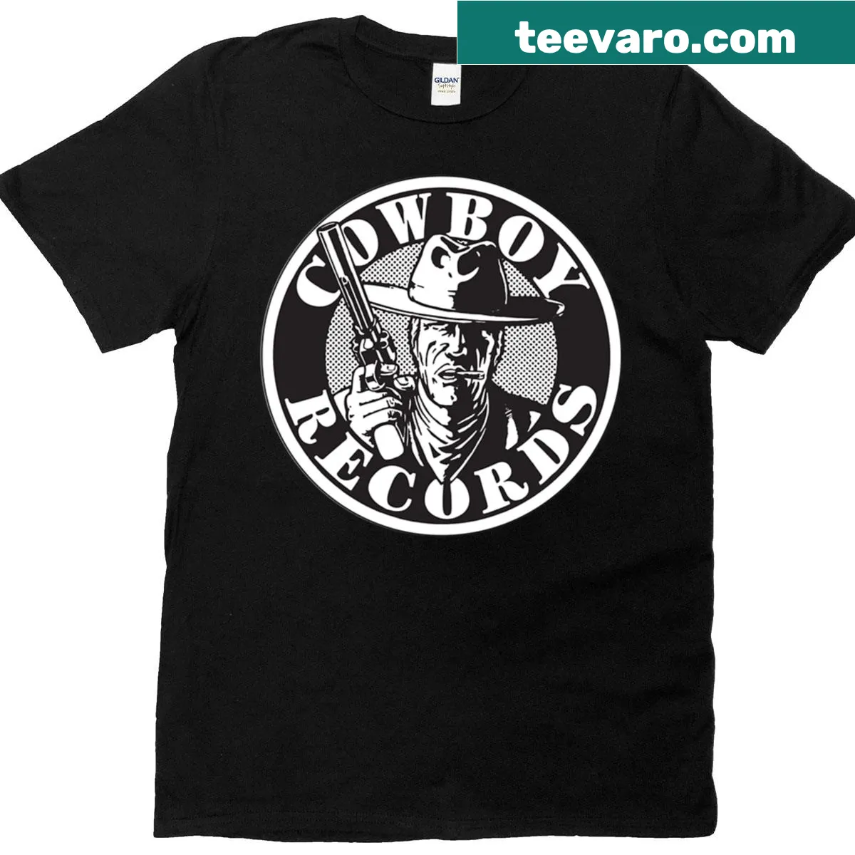 Vintage Cowboy Records logo T-shirt in black and white — on a men's t-shirt