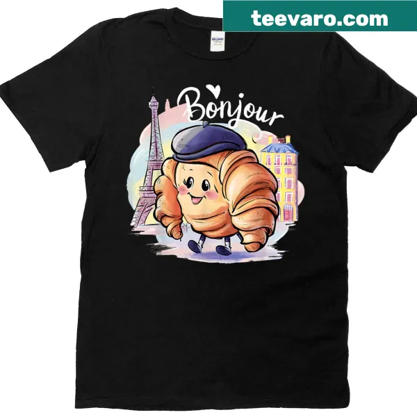 Kawaii croissant graphic with 'Bonjour' text on T-shirt