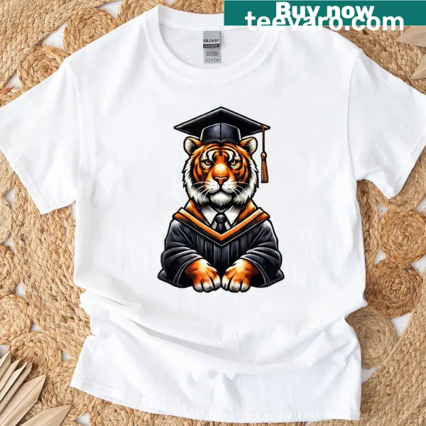 Cute tiger wearing a graduation cap on a T-shirt