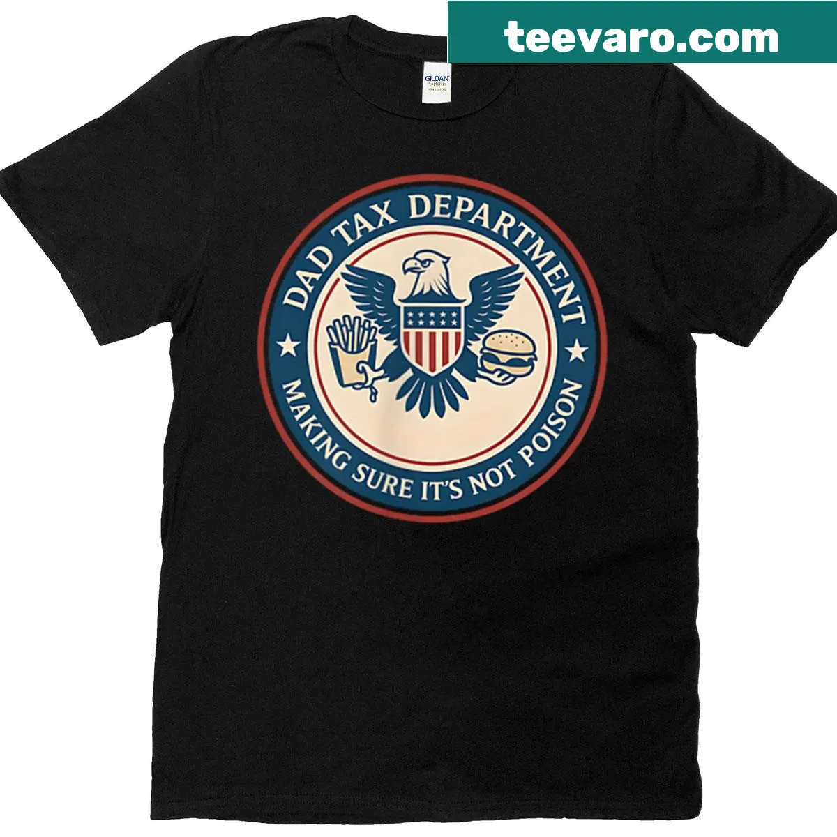 Funny 'Dad Tax' t-shirt with poison warning saying — on a men's t-shirt