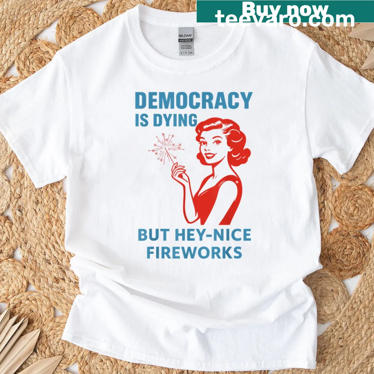 Fourth of July T-shirt with fireworks and slogan — on a men's t-shirt