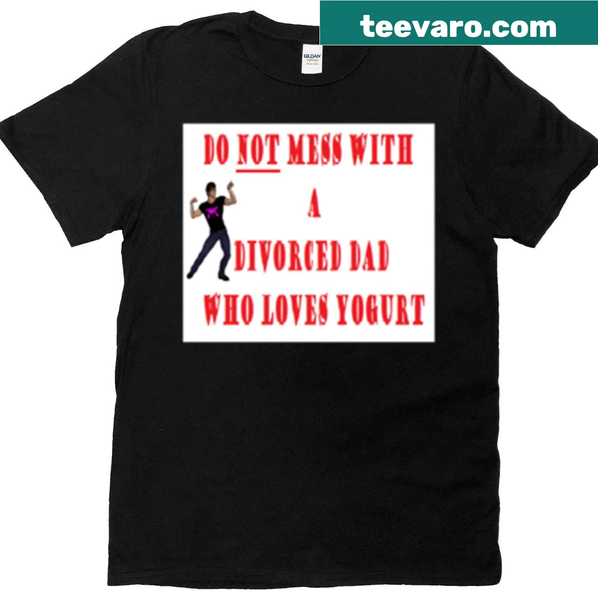 Funny graphic t-shirt with a divorced dad and yogurt theme. — on a men's t-shirt