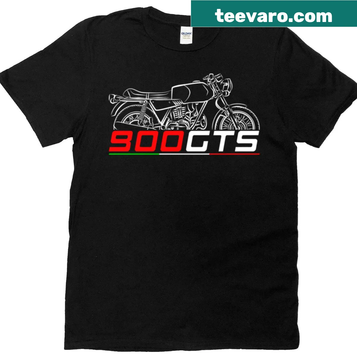 T-shirt featuring a badge design for Ducati 900 GTS motorcycle — on a men's t-shirt