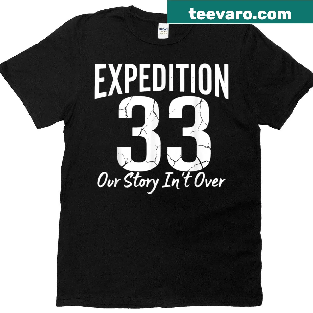 Cracked font design saying 'Our Story Isn't Over' on a t-shirt — on a men's t-shirt