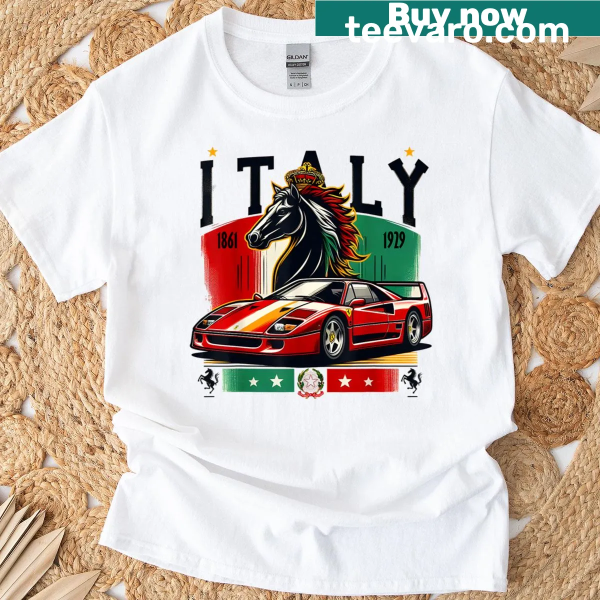 F40 Italy Supercar t-shirt featuring a realistic black horse emblem — on a men's t-shirt