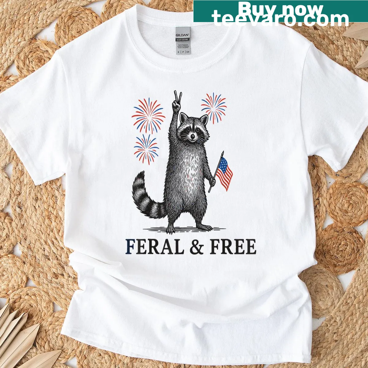 Funny cartoon raccoon for Fourth of July T-shirt — on a men's t-shirt