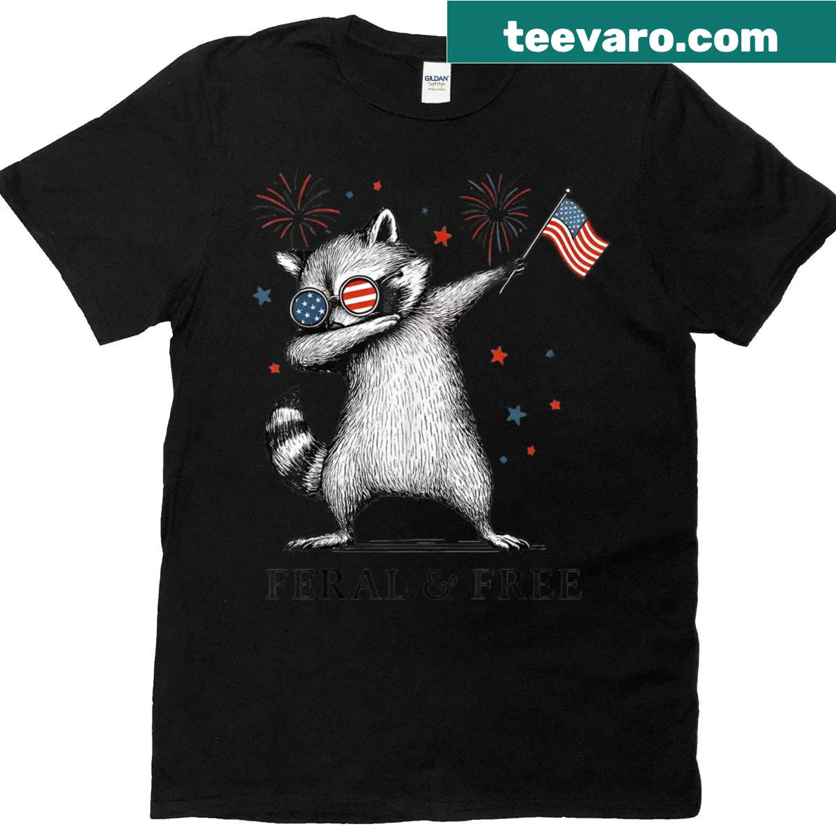 Playful racoon illustration for Fourth of July on a t-shirt — on a men's t-shirt