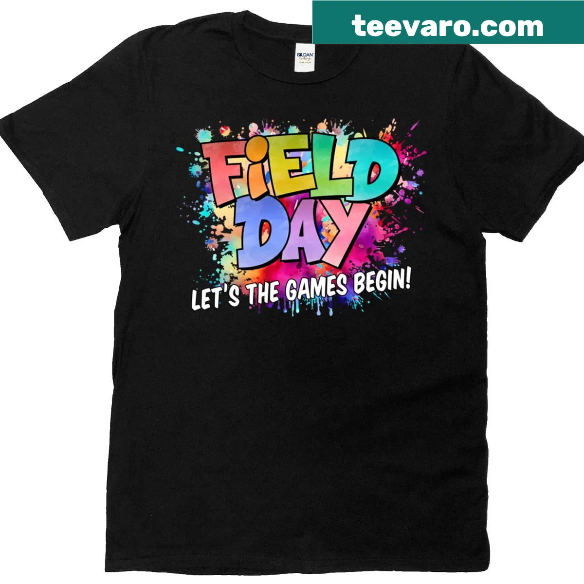 Field Day themed T-shirt with 'Let The Games Begin' text — on a men's t-shirt