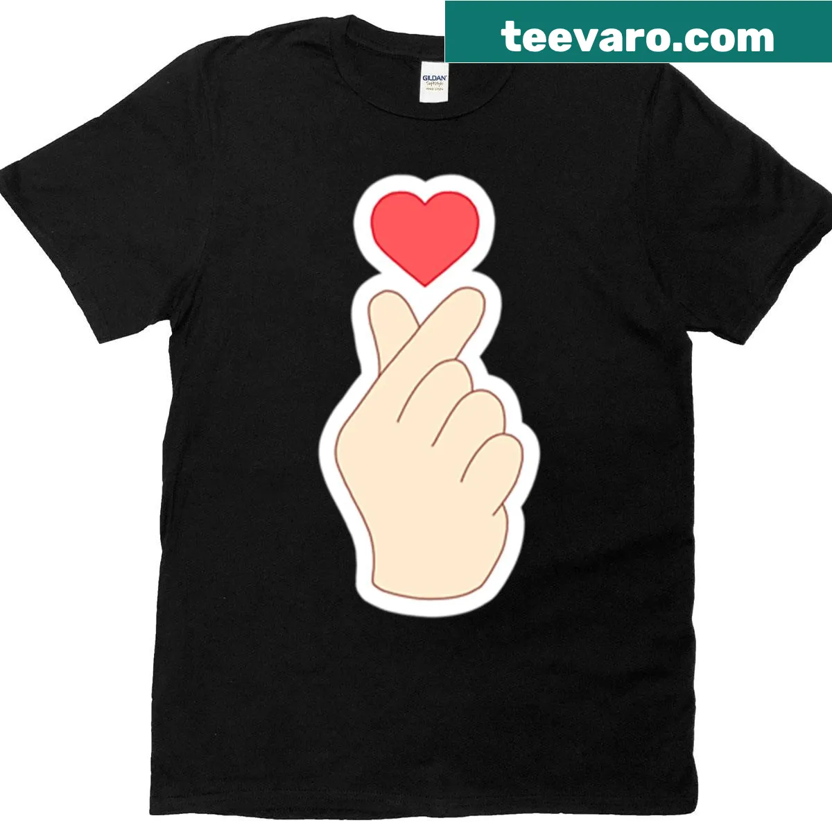 T-shirt featuring a playful finger heart graphic — on a men's t-shirt