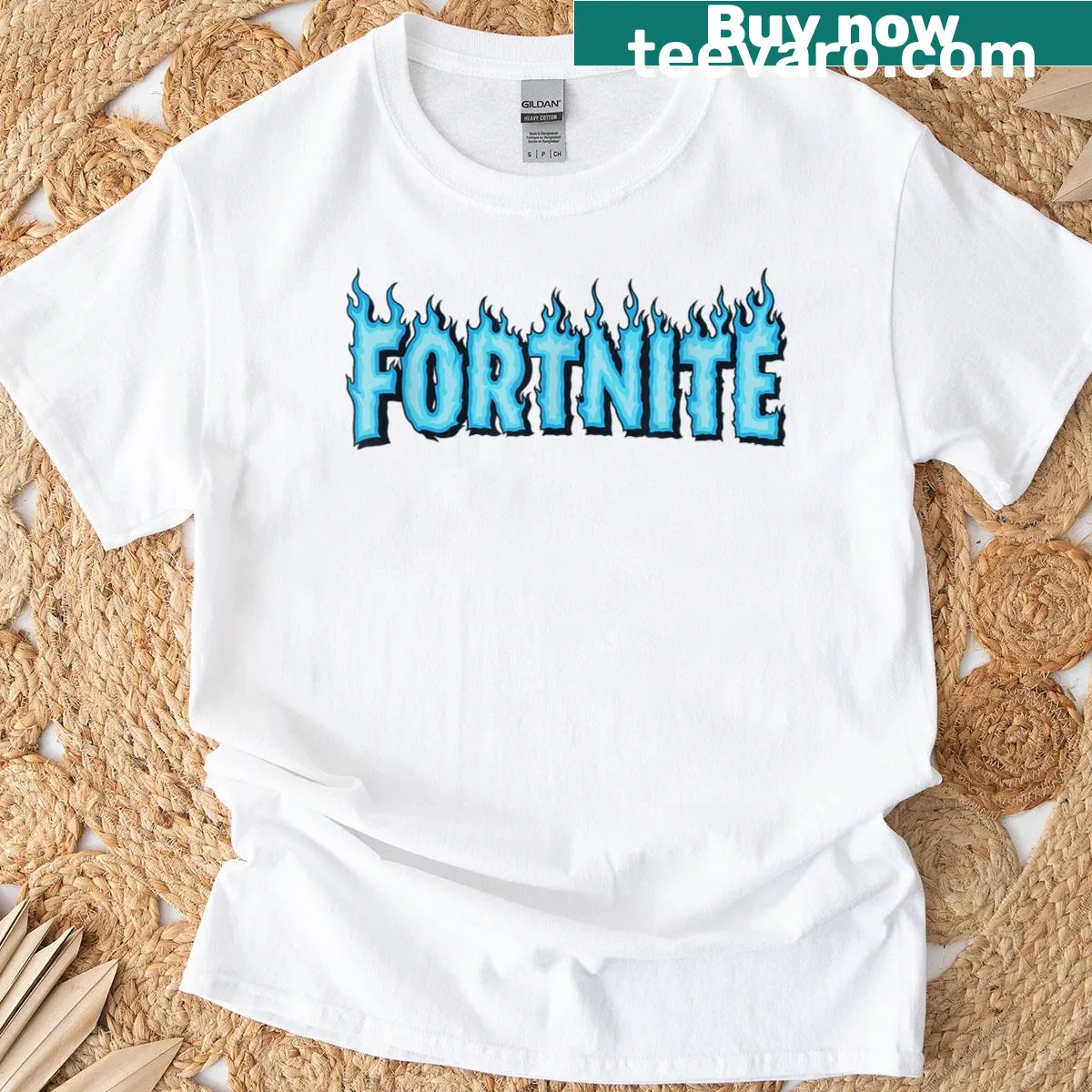 Fortnite logo t-shirt featuring blue flames design. — on a men's t-shirt