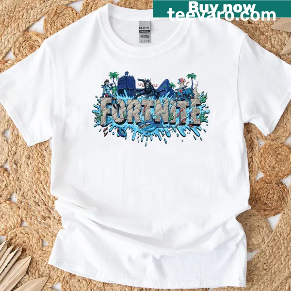 Stylized Shark logo from Fortnite on a T-shirt.