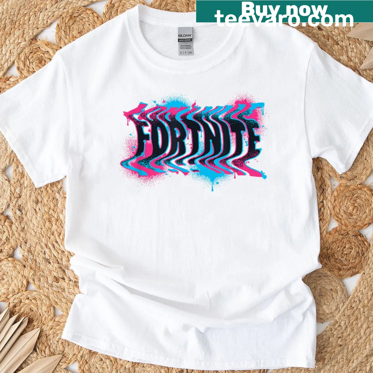Fortnite stretched dripping paint stylized logo t-shirt — on a men's t-shirt