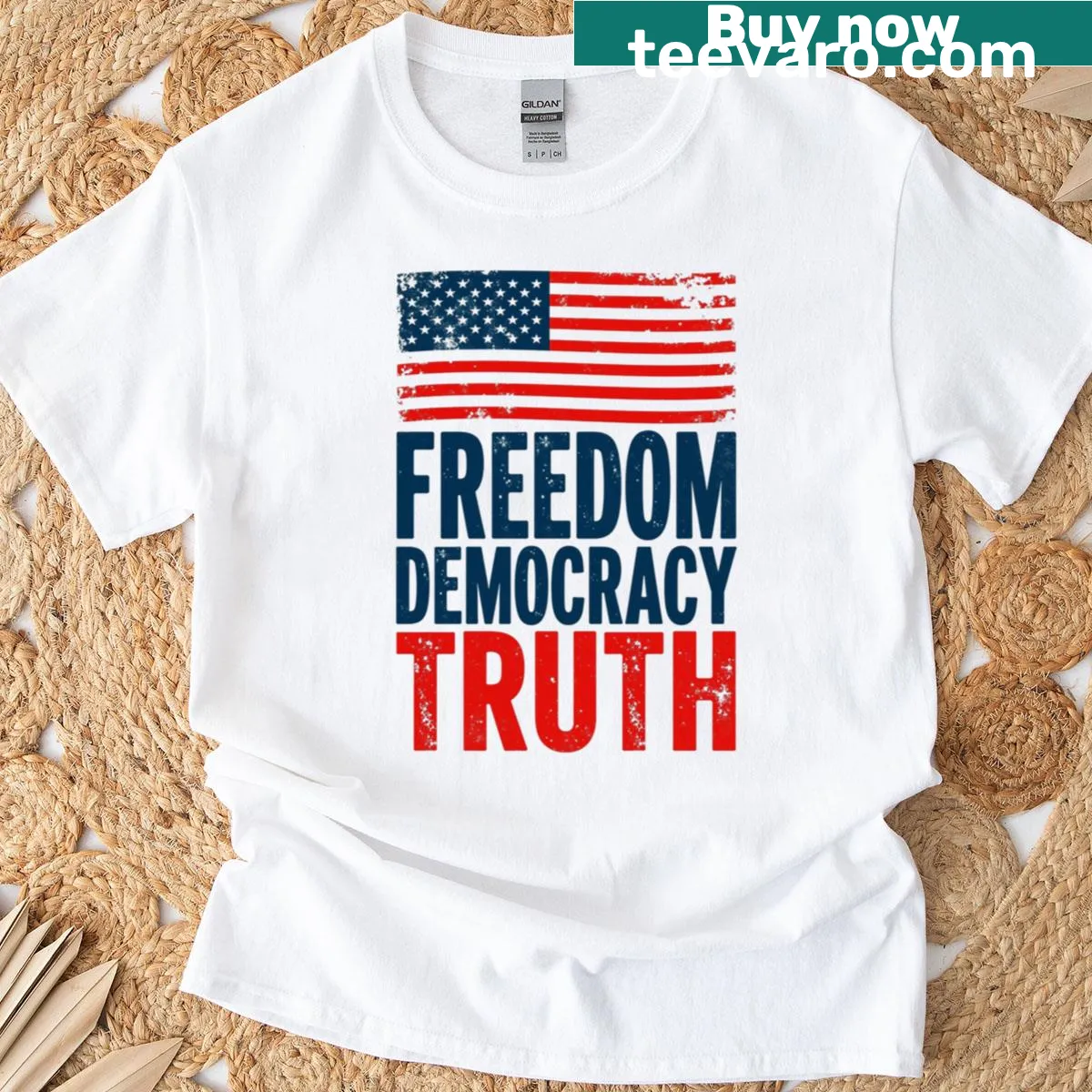 T-shirt with bold text: Freedom, Democracy, Truth — on a men's t-shirt