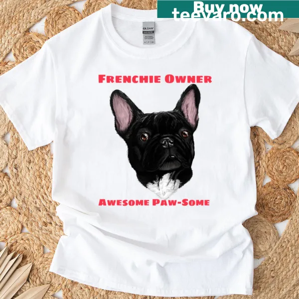 Cute French Bulldog graphic on a T-shirt, celebrating Frenchie love.