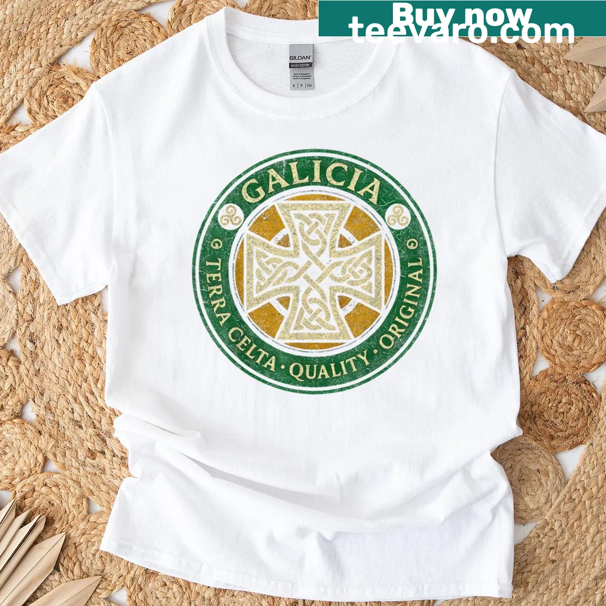 Vintage t-shirt featuring the Galicia Celtic Cross design — on a men's t-shirt