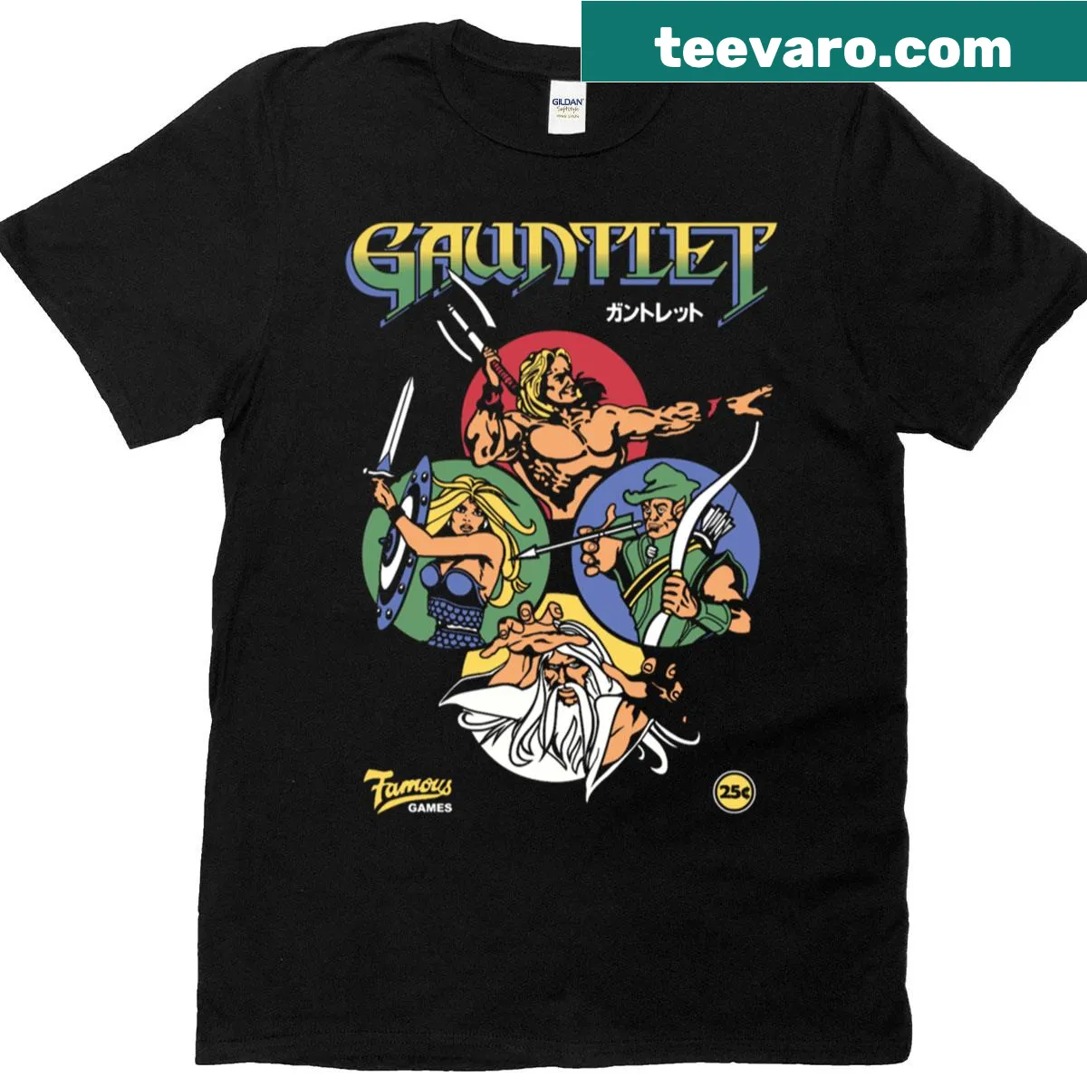Retro t-shirt featuring a design inspired by Gauntlet arcade game — on a men's t-shirt