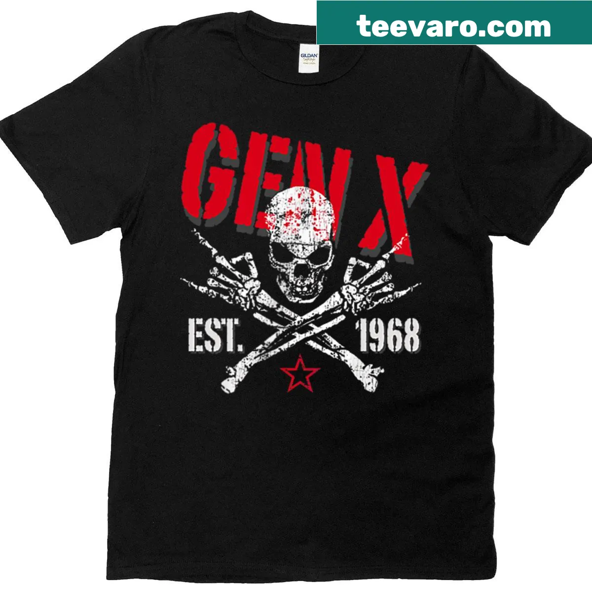 Bold skull graphic with 'Gen X Est 1968' on a t-shirt — on a men's t-shirt