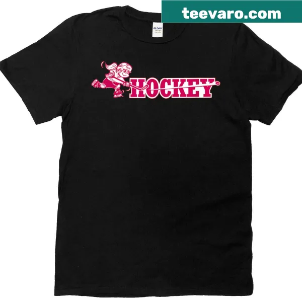 T-shirt featuring a girl hockey player taking a slap shot graphic