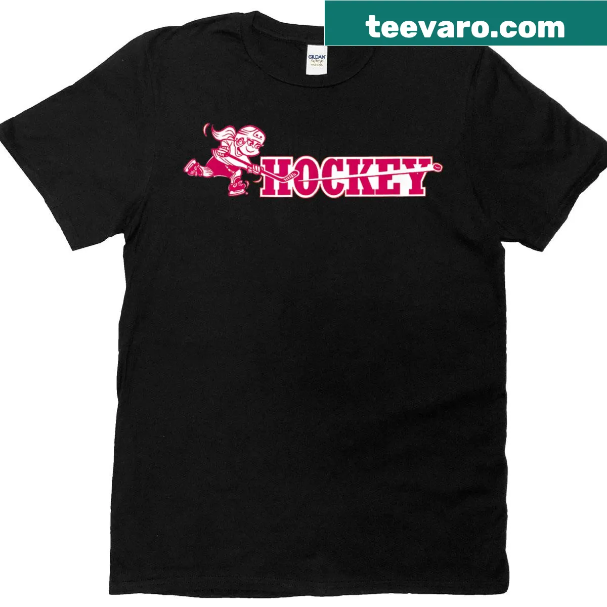 T-shirt featuring a girl hockey player taking a slap shot graphic — on a men's t-shirt