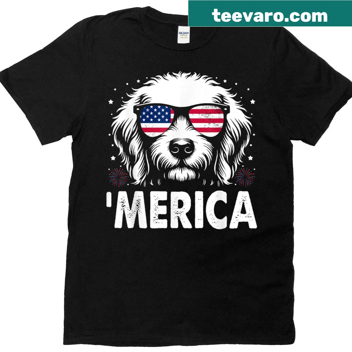 Patriotic Goldendoodle illustration T-shirt for Independence Day — on a men's t-shirt