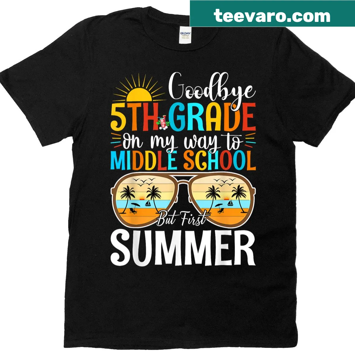 Typography t-shirt marking the transition from 5th grade to summer. — on a men's t-shirt