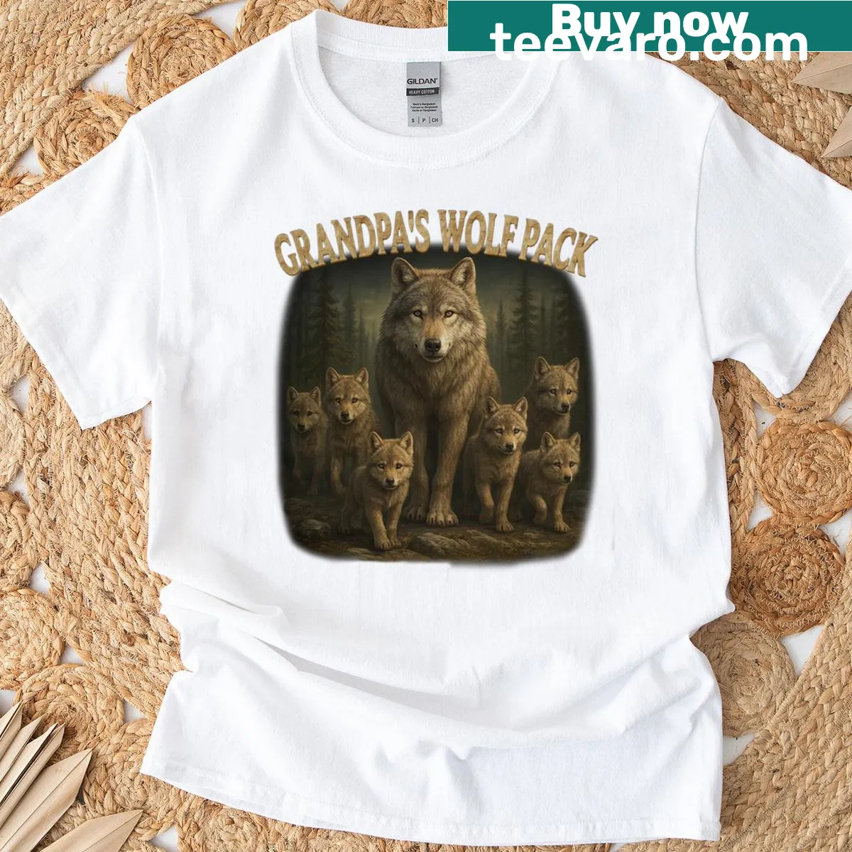 Vintage-style T-shirt featuring a wolf pack and 'Grandpa's Pack' text — on a men's t-shirt