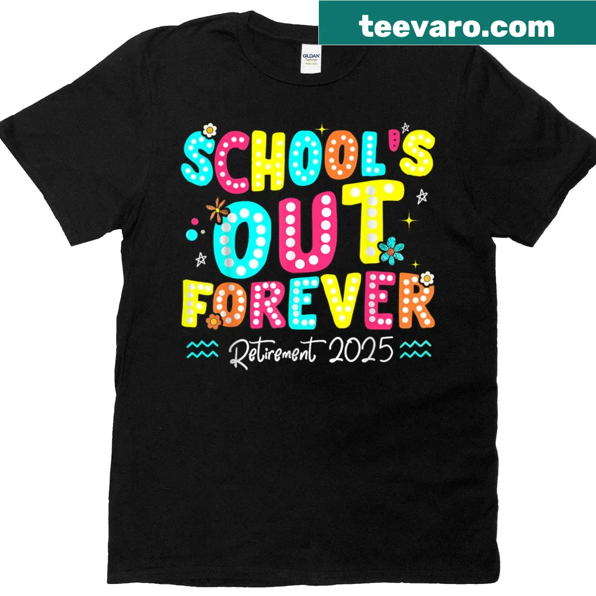 Retired teacher t-shirt with 'Schools Out Forever' graphic — on a men's t-shirt