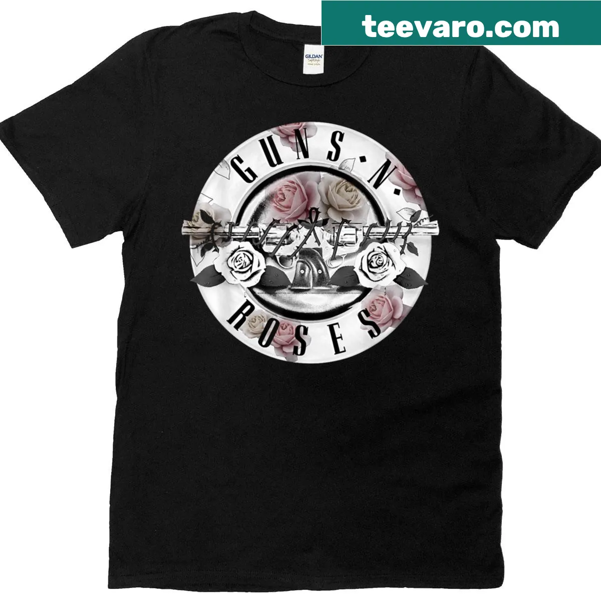 T-shirt featuring Guns N Roses floral bullet logo design — on a men's t-shirt