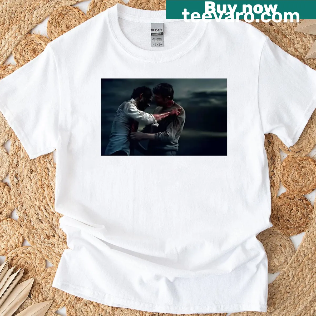 Illustrated T-shirt featuring a scene with Hannibal and Will Graham — on a men's t-shirt