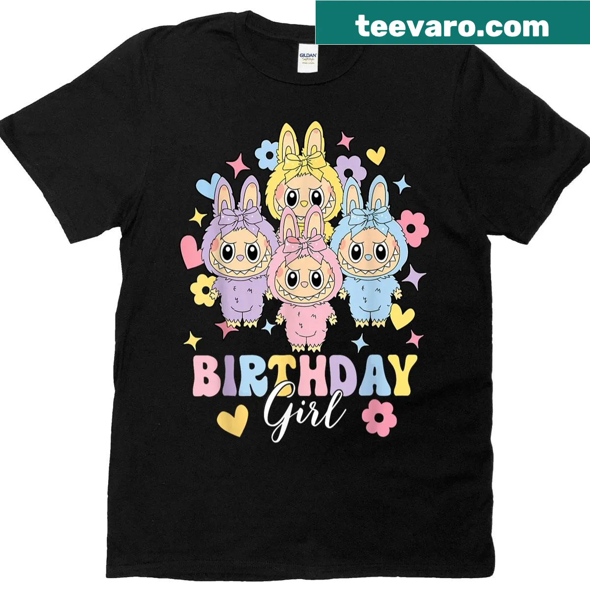 Birthday-themed T-shirt with Labubu character illustration — on a men's t-shirt