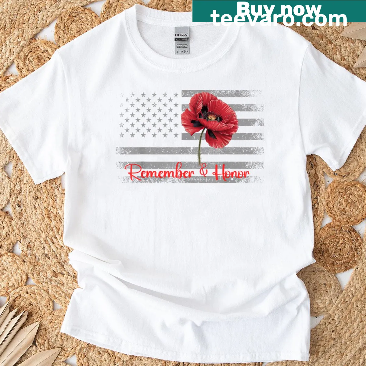 Illustrated vintage poppy flower on a patriotic T-shirt — on a men's t-shirt