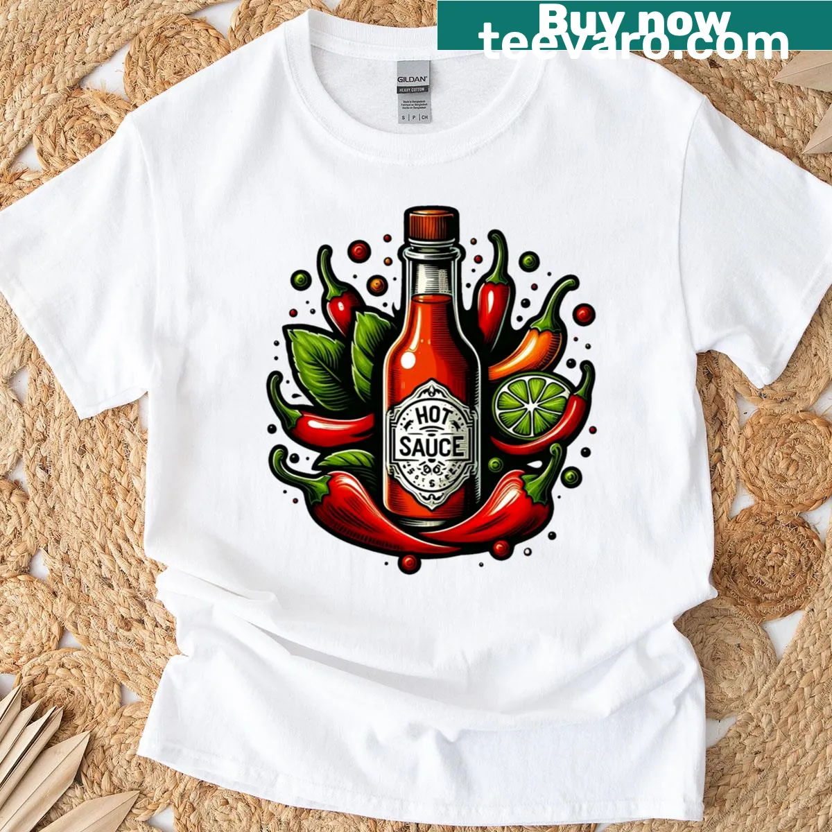 T-shirt featuring a hot sauce logo with cartoon chili peppers — on a men's t-shirt