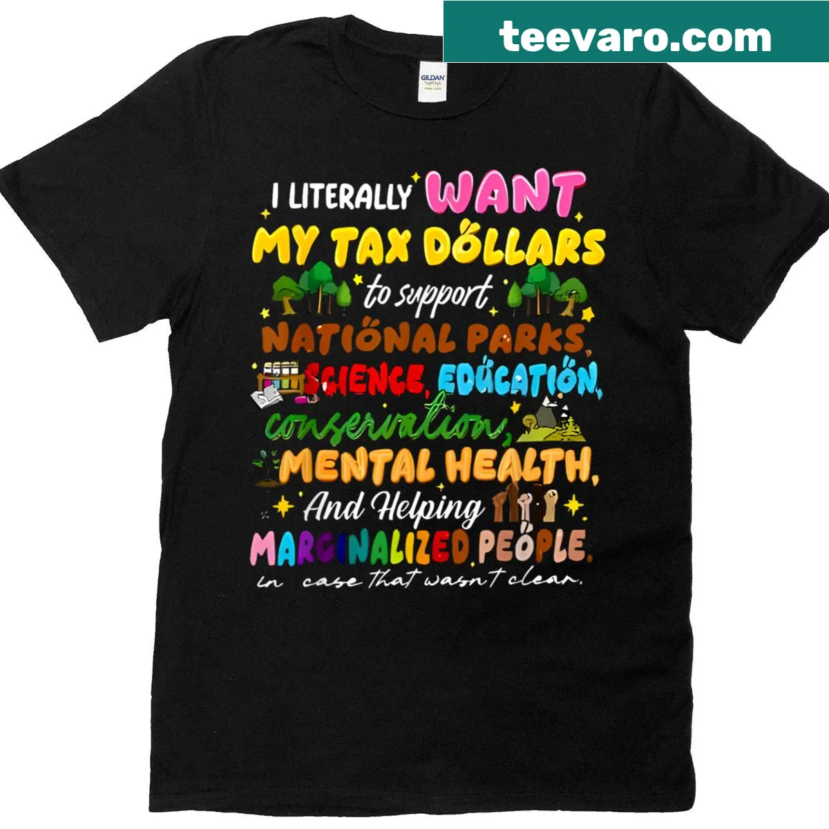 Text T-shirt conveying support for national parks and tax funding — on a men's t-shirt