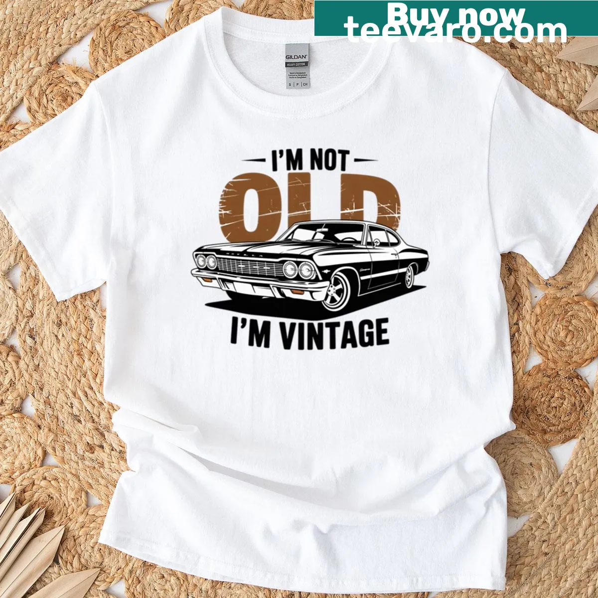 Oversized T-shirt featuring a vintage car graphic and humorous saying — on a men's t-shirt